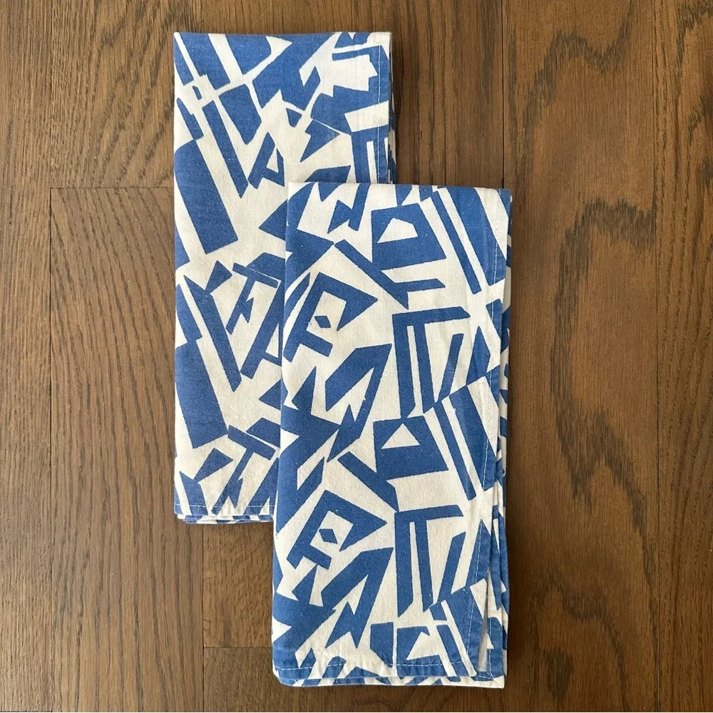 Set of Two Anthropologie Abstract Printed Cotton Napkins Blue, White 20.25